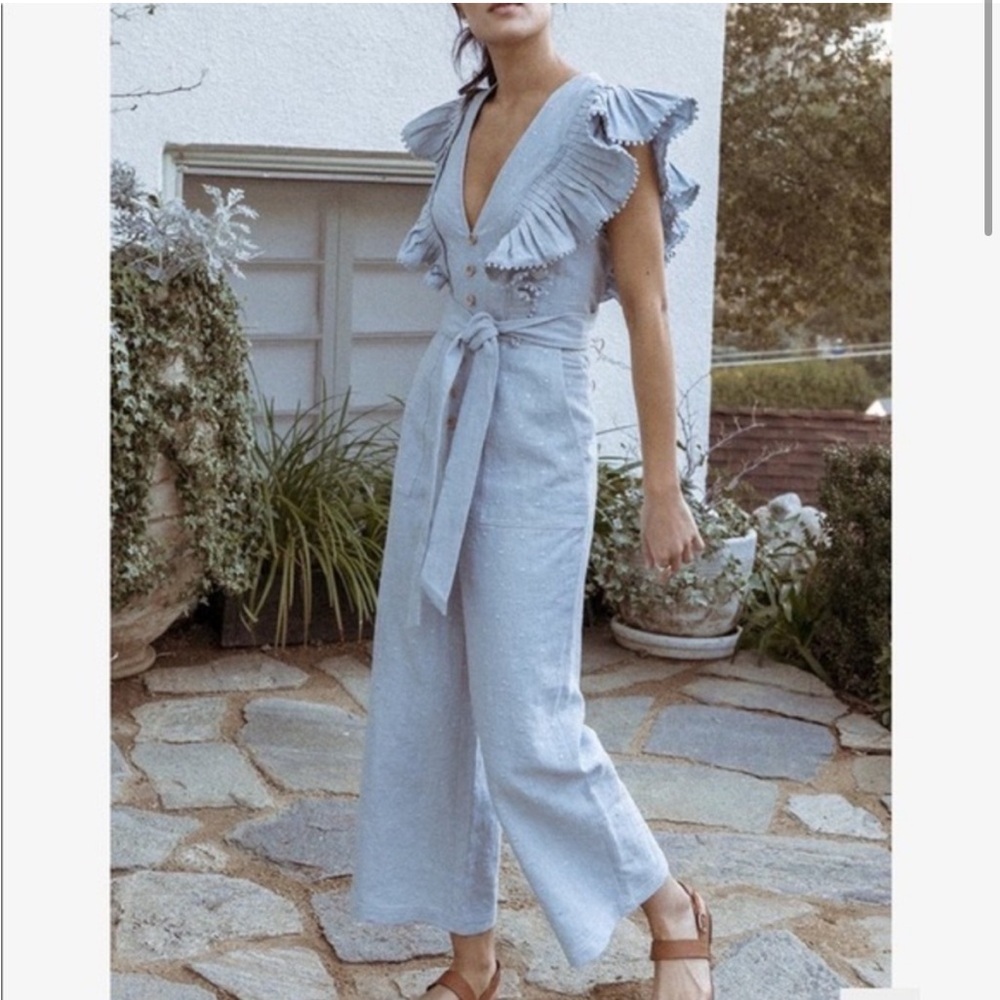 SAYLOR Baby Blue Pale Blue Swiss Dot Ruffle‎ Button Jumpsuit Size Medium